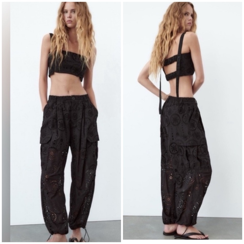 NWT Zara Womans High Waist Balloon Leg Black Pants Eyelet Embroidered Size M-L